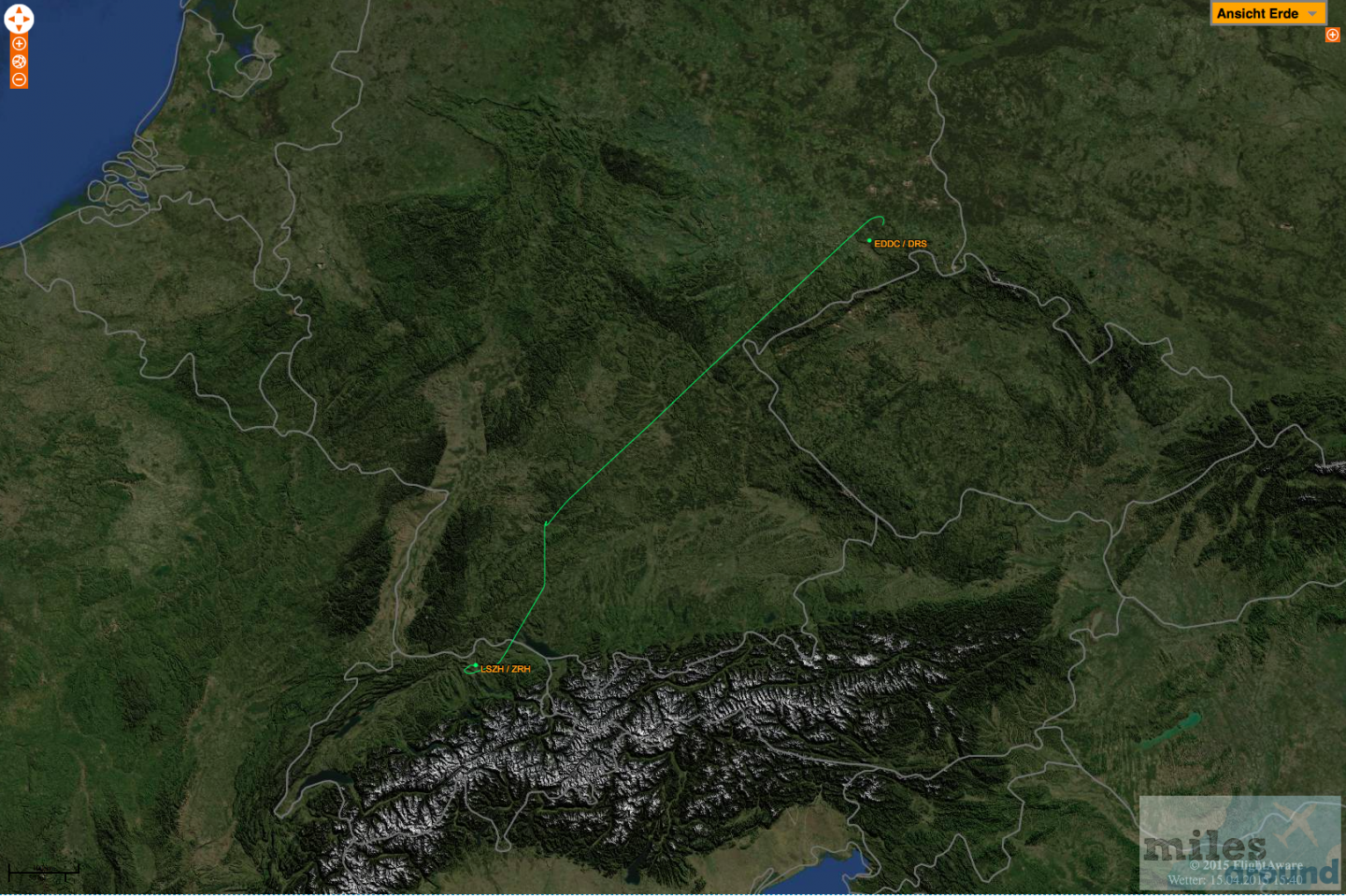 Flugroute LX 914 Zürich nach Dresden (Quelle: FlightAware)