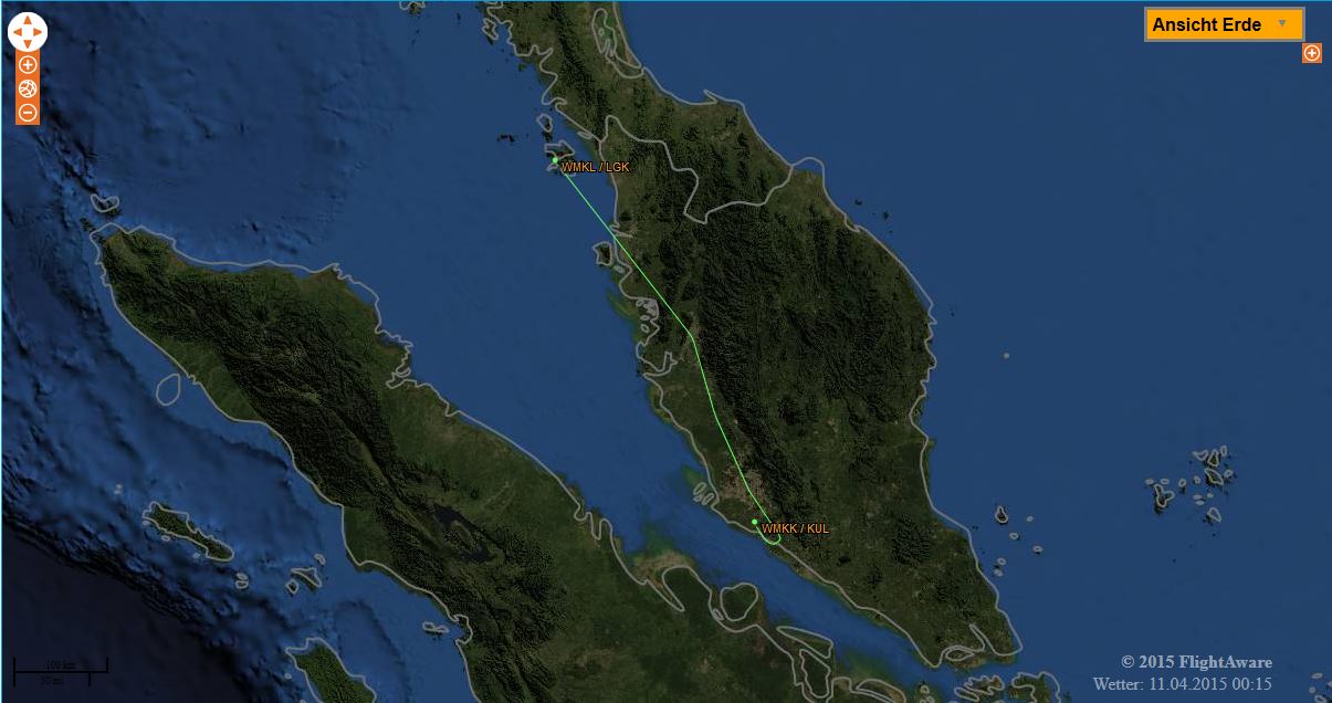 Flugroute Langkawi - Kuala Lumpur (MH1433, Quelle: FlightAware)