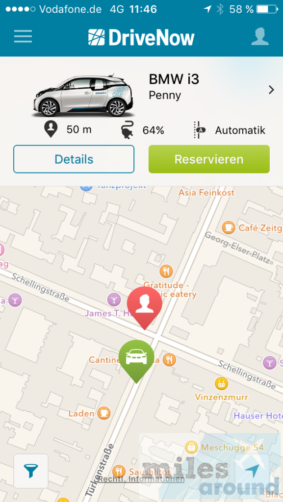 Suche nach einem BMW i3 in der DriveNow App