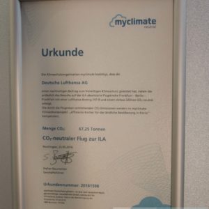 myclimate Urkunde für CO2-Neutralen Flug zur ILA